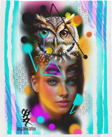 Surrealist portrait - owl and human fusion with geometric overlays