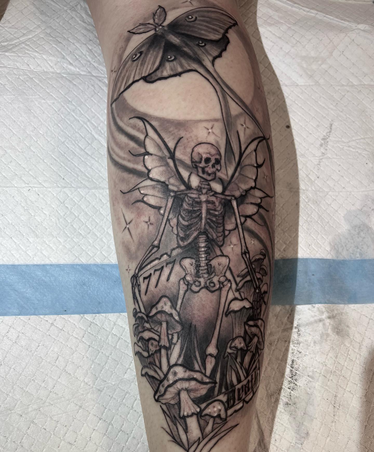 Black and gray skeleton fairy with luna moth and mushrooms
